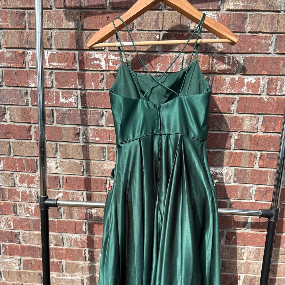 Satin Double Strap Gown with Floral Pockets - Picture 4 of 9